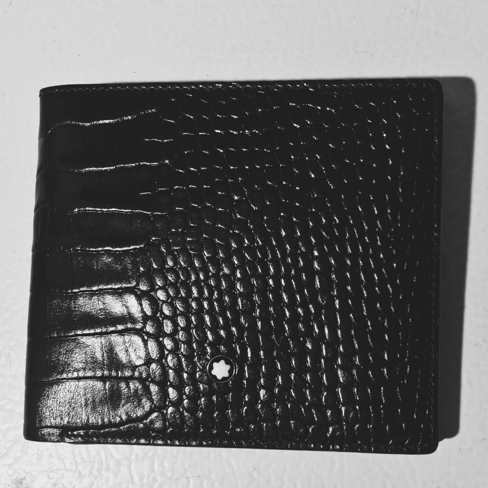 MONTBLANC MEISTERSTUCK BLACK CROC EMBOSSED 4CC COIN LEATHER WALLET SINGER OWNED